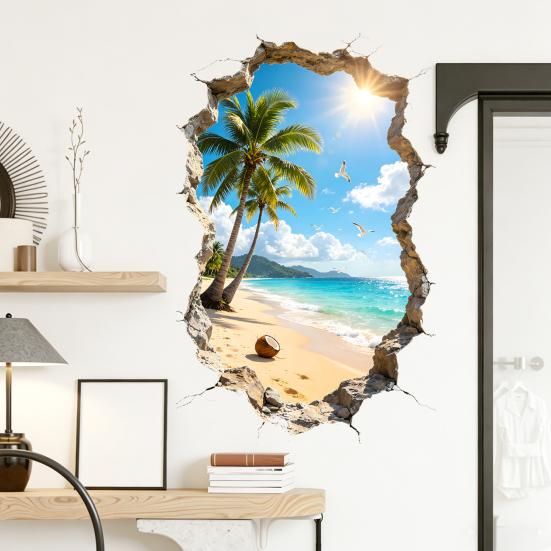 Yousheng 3D Broken Wall Ocean View Sticker, Coconut Tree Beach Decorative Decal, Waterproof Peel-And-Stick Wall Art for Living Room, Bedroom,