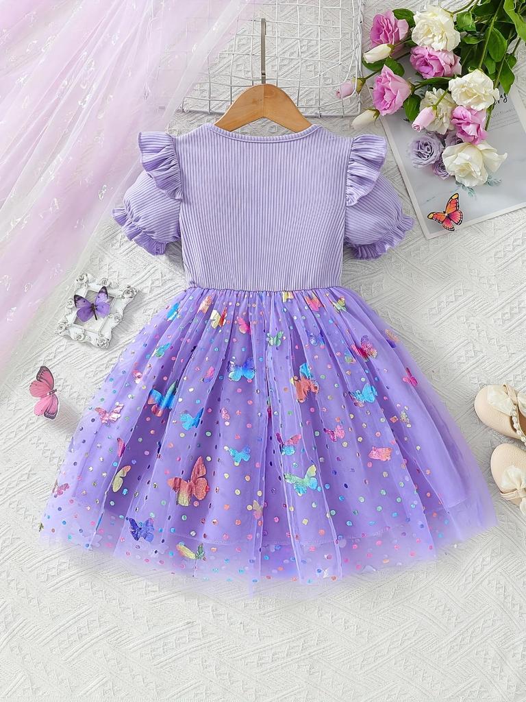 Girls Ruffle Short Sleeve Butterfly Tulle Dress Kids Spring Summer Daily Birthday Party Princess Dress