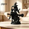 Halloween Party Table Centerpiece Gothic Witch on Broom Statue, 3D Printed Spooky Tabletop Figurine for Home Decor Party, Black Desk with Pointy Hat,