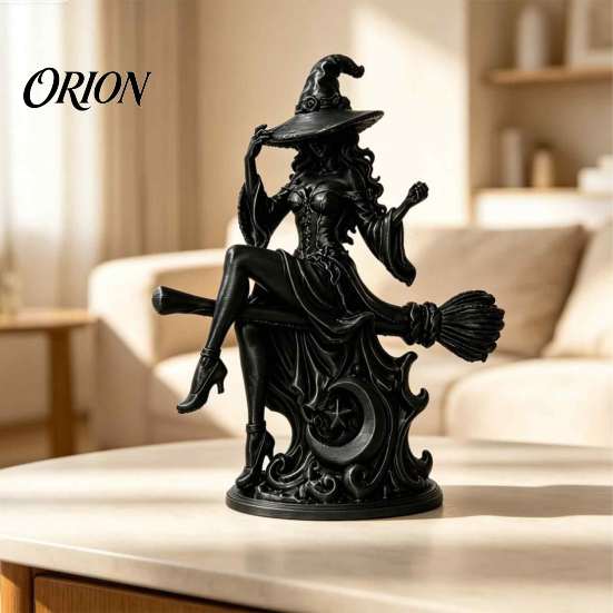 Halloween Party Table Centerpiece Gothic Witch on Broom Statue, 3D Printed Spooky Tabletop Figurine for Home Decor Party, Black Desk with Pointy Hat,