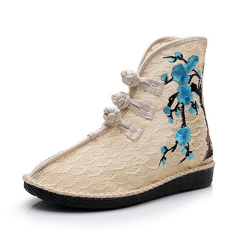 

Veowalk Summer Spring Women Lace Fabric Short Boots, Breathable Cotton Embroidered Ankle Booties for Ladies Vintage Flat Shoes 4 бежевый