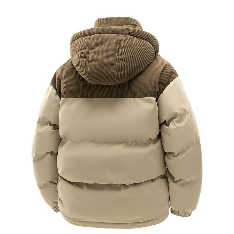 Men's Winter Color Block Hooded Jacket – Windproof Cotton Padded Coat with Plus Velvet Lining