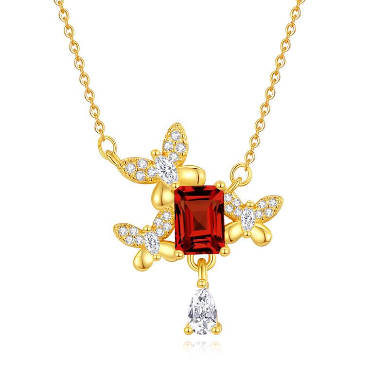 S925 Sterling Silver Natural Stone Fan Butterfly Love Fringed Necklace Women's Light Luxury High-end Collarbone Chain Fashion Retro Jewelry Gift