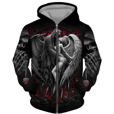 Felpa con cappuccio/giacca nera con stampa 3D all over alla moda Felpa con cerniera gotica unisex Personalità Pullover da uomo Street Wear