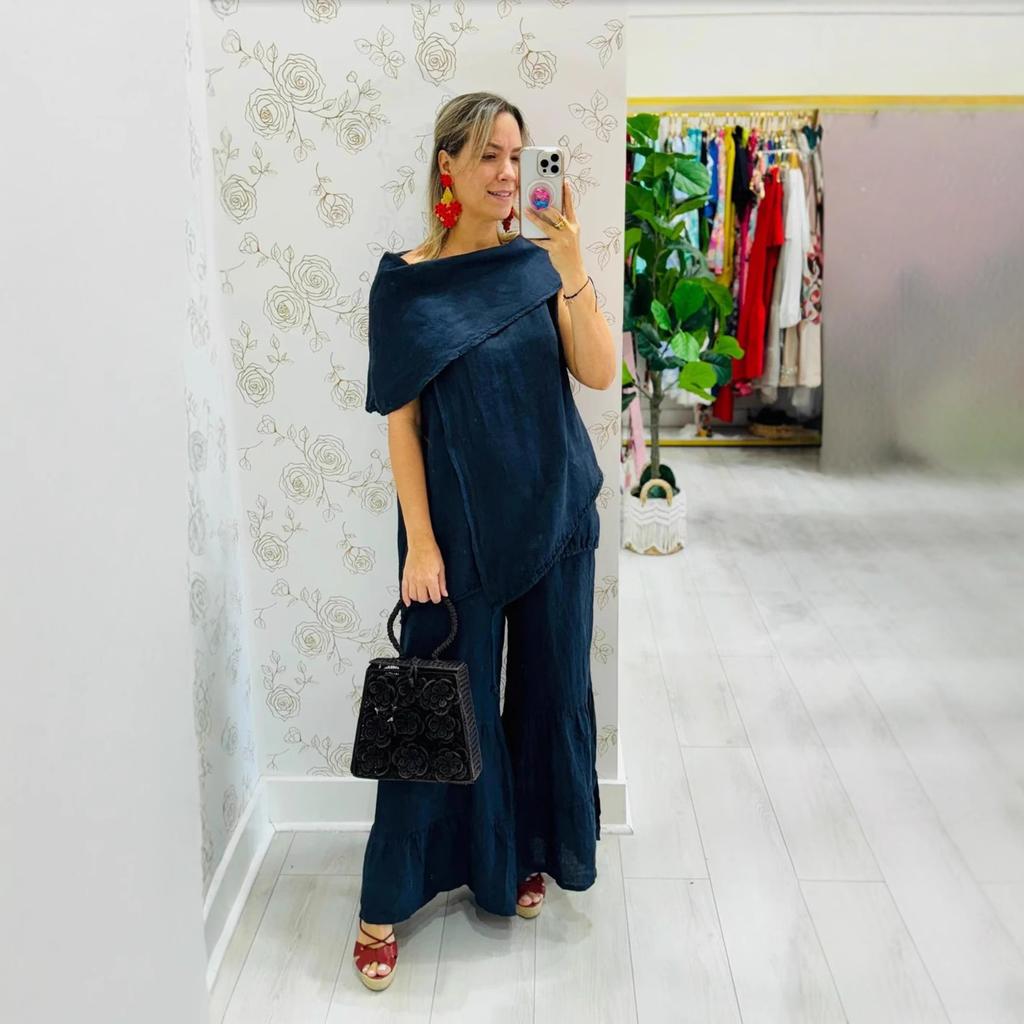 Women's Asymmetrical One Shoulder Top with Flared Wide Leg Pants Set in Multiple Colors