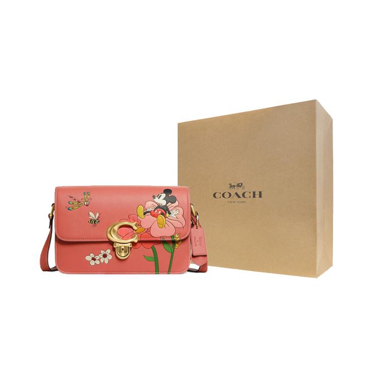 New COACH Disney Collaboration Studio Leather One Shoulder Closure Crossbody Bag Medium Size Women's Coral Red CH413-B4VH1