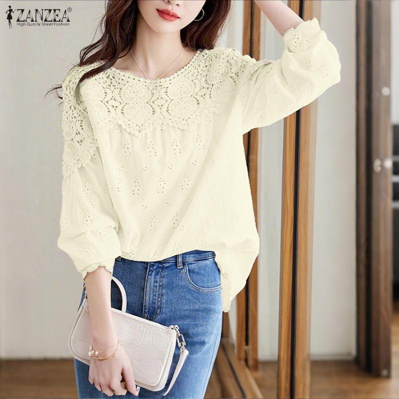 ZANZEA Women Casual Lace Crochet Patchwork Long Sleeve Blouse