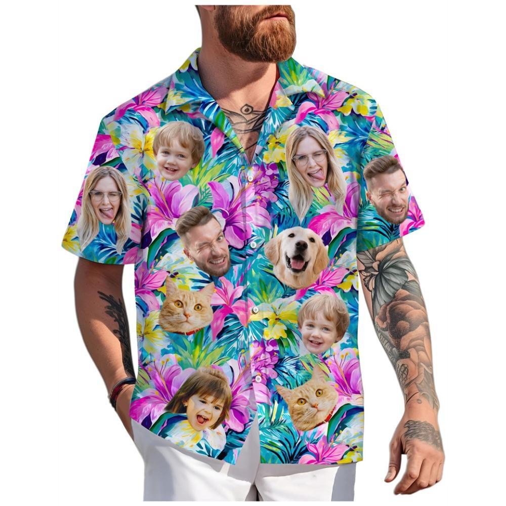 Maßgeschneiderte Hawaiianhemden für Erwachsene, Kinder, Haustiergesichter, Sommer Mode, Kurzarm, Personalisiert, 3D-Druck, Locker, Atmungsaktiv, DIY Blusen