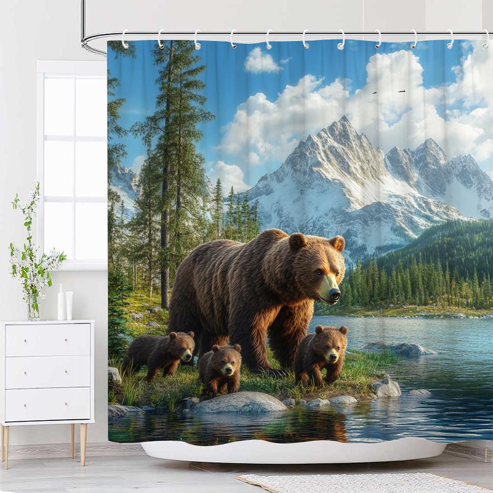 

Bear Family Shower Curtain – Realistic Mountain Lake Scene, Waterproof Polyester, Nature-Inspired Bathroom Decor With 12 Hooks W60H190(CM)-1 Pcs
