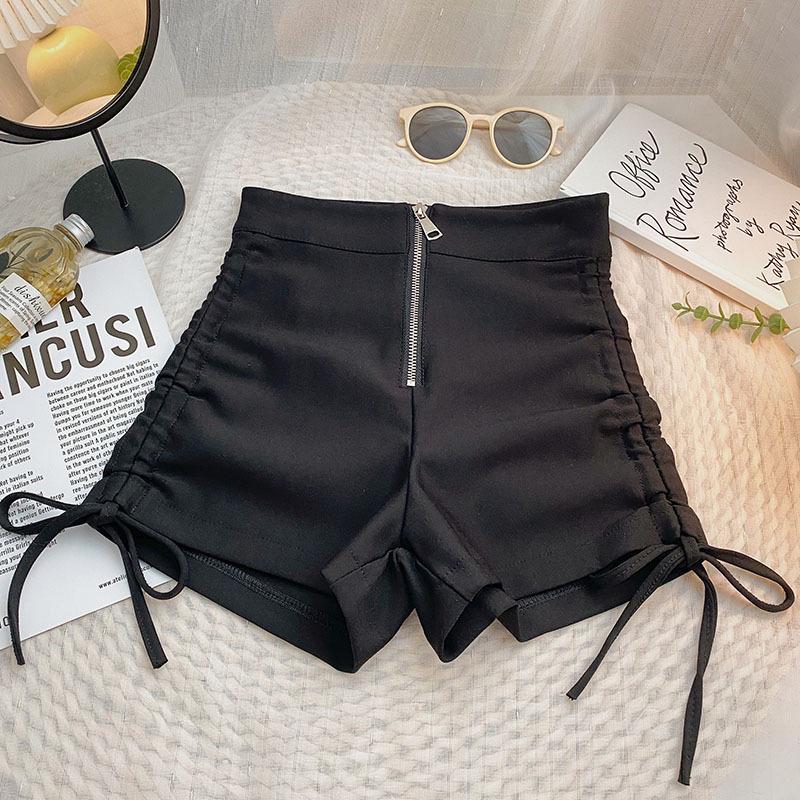 

2024 Летние Женские Черные Шорты на Кулиске с Высокой Посадкой, Стройнящие, с Широкими Штанинами - Корейский Стиль XS [70-80 lbs]