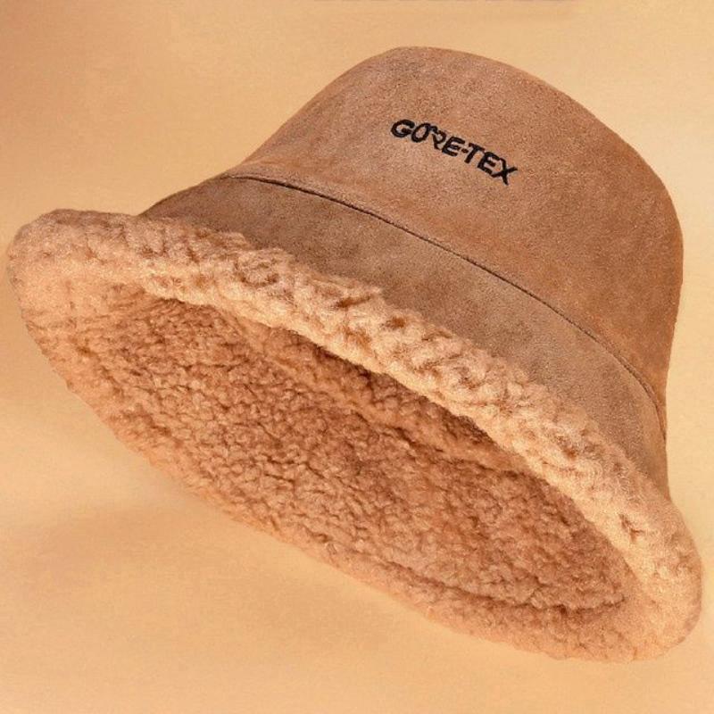 Oboustranný jehněčí plyšový rybářský klobouk ženy podzim zima japonský trend venkovní teplý klobouk bucket ležérní klobouk vyšívaný dopis