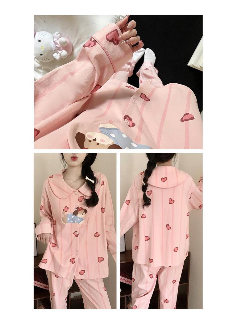 2026 Women's Cartoon Pajamas Set: Imitation Cotton, Chest Pads, Long Sleeve Cardigan & Pants for Spring/Autumn, Plus Size 200 Jin