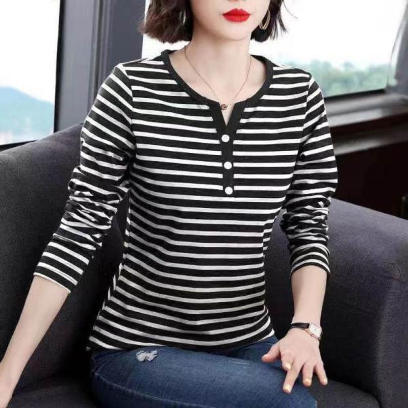 Long Sleeve Striped V Neck T Shirt Women Fitted Plus Size Casual Top