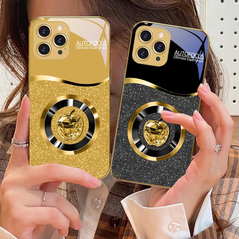 Crystal Purple Apple For IPhone 16 16Pro Max 15 P ro 14 13 Plus 12 Mini 11Pro Max XS Max XR Golden tempered glass phone case