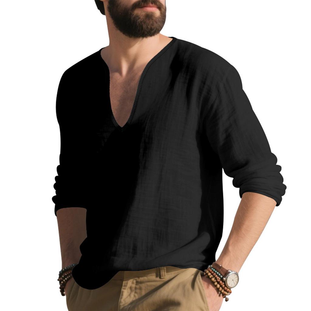 Mens Linen Shirts Loose Fit Long Sleeve T Shirt Solid V Neck Hippie Yoga Pullover