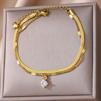 Zircon Circle Bead Anklets For Women Gold Color Stainless Steel Anklet Double Snake Chain Summer Beach Accessories Jewelry Gift