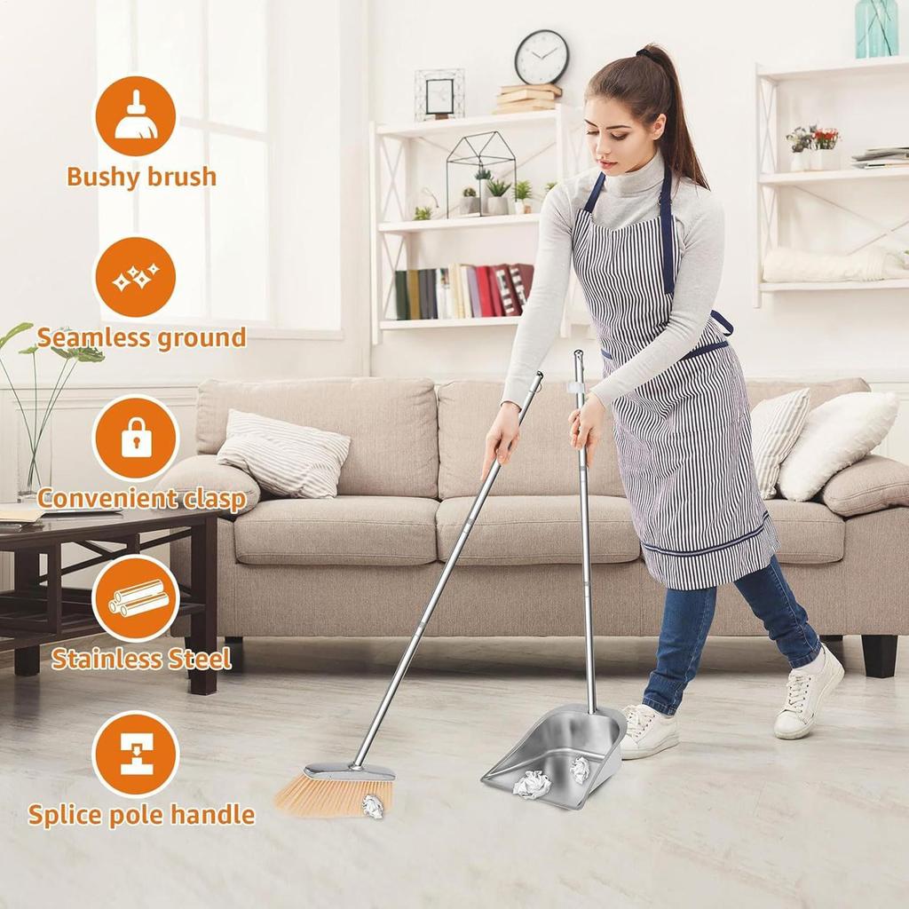 Kombiset med sopborste och sopskyffel Långt handtag Sopskyffel Rostfritt stål Golvrengöringsverktyg För husägare Vardagsrum Sovrum Arbetsrum