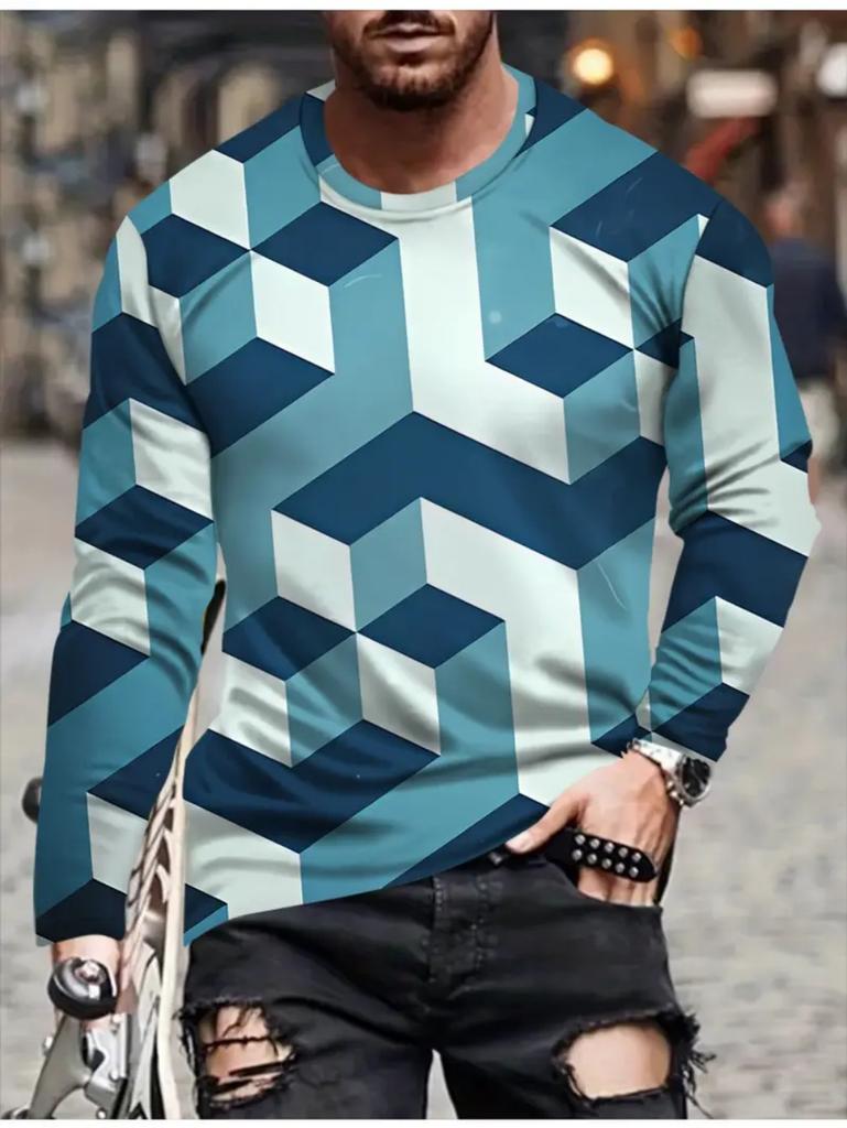 Vintage T-Shirt for Men Patchwork Grid Graphic T Shirts 3D Print Long Sleeve Tee Oversized Man Clothing Tops Creative Clothing
