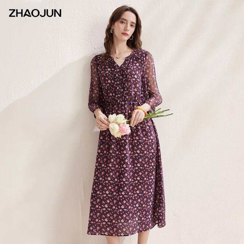 Zhaojun Mulberry Silk Floral Print 3/4 Sleeve Dress XL