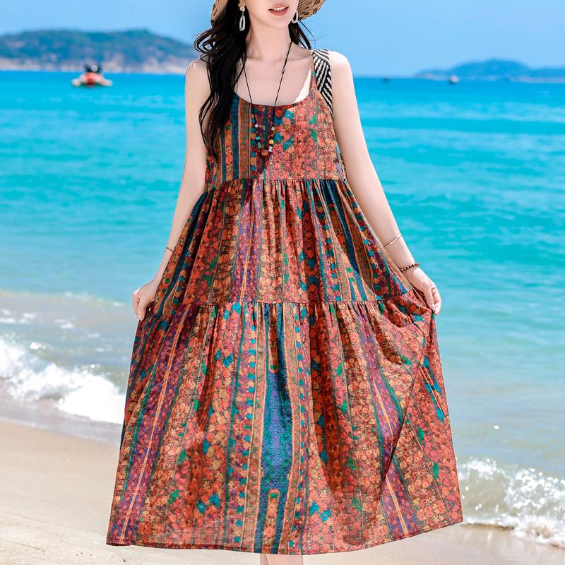 Elegant Sling Dress for Women Plus Size Casual Summer Long Dress Vintage Middle-aged Women's Clothing