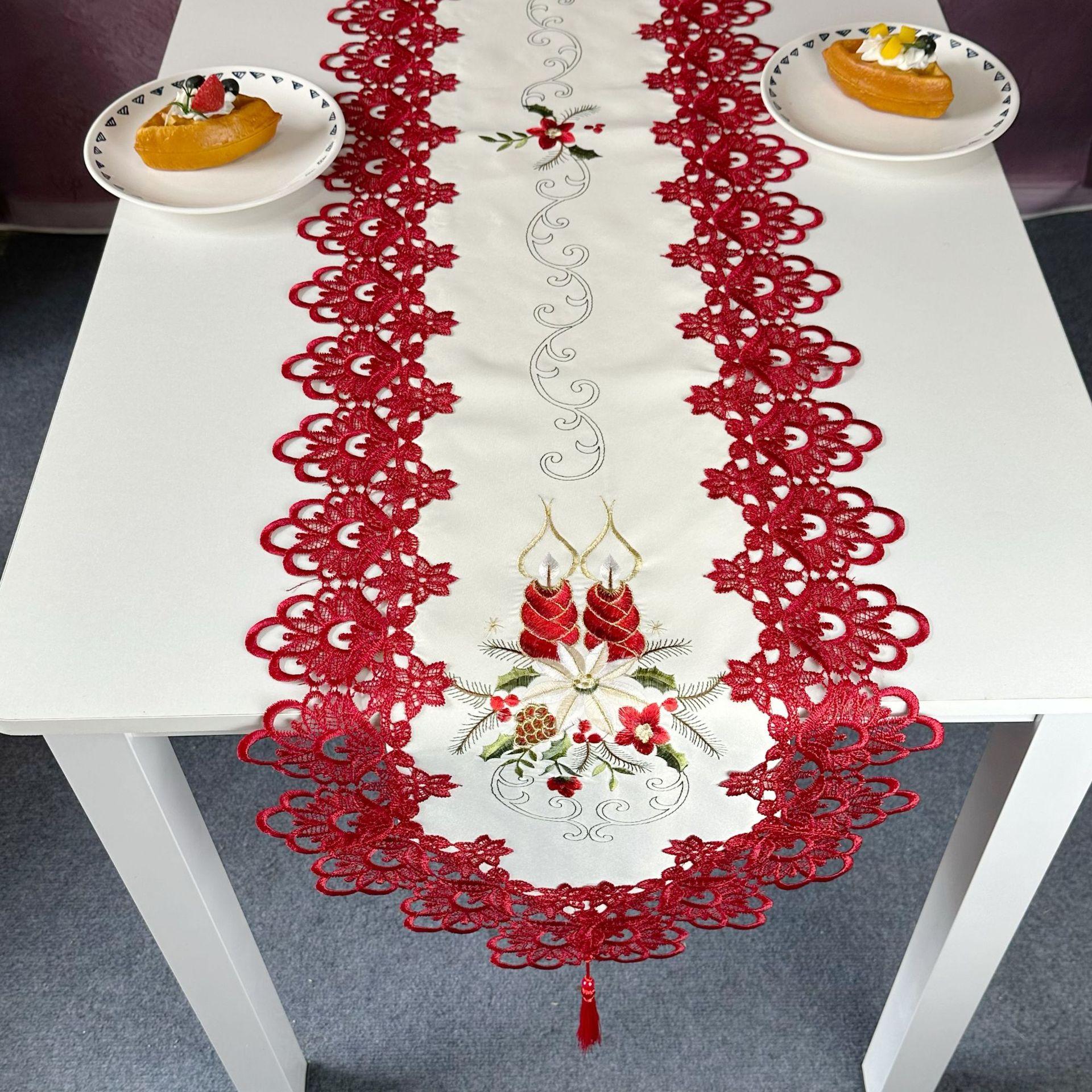 

Christmas Table Runner Embroidery Polyester Fabric Lace Candle Pine Needle Holiday Decoration Christmas Tablecloth 40x180cm