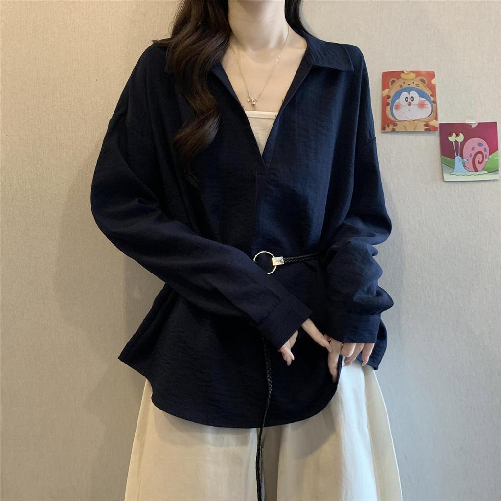 Korean-style V-neck Long-sleeve Shirt for Women, 2026 Spring and Autumn New Model, Versatile for Commuting, Faux Two-piece Top