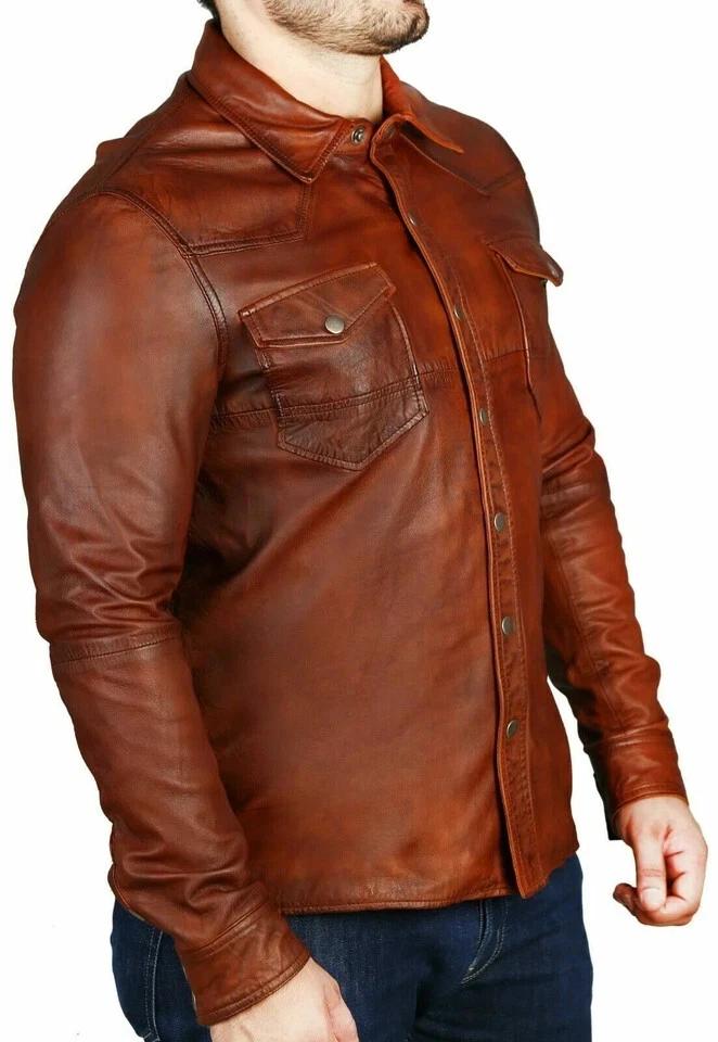 Nowa Męska Koszula Brązowa Ręcznie Robiona Skóra Jagnięca Stylowa Prawdziwa Miękka Imprezowa Casualowy Krój