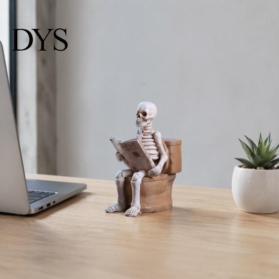 Gothic Desk Accessory Skeleton Sitting on Toilet Resin Figurine, Realistic Skull Tabletop Quirky Gift for Friends Ornament, Creative Halloween