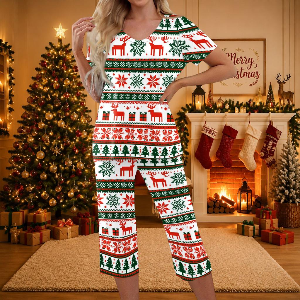 Women's Two-Piece Outfit Set with Christmas Print Short Sleeve Top and Pants