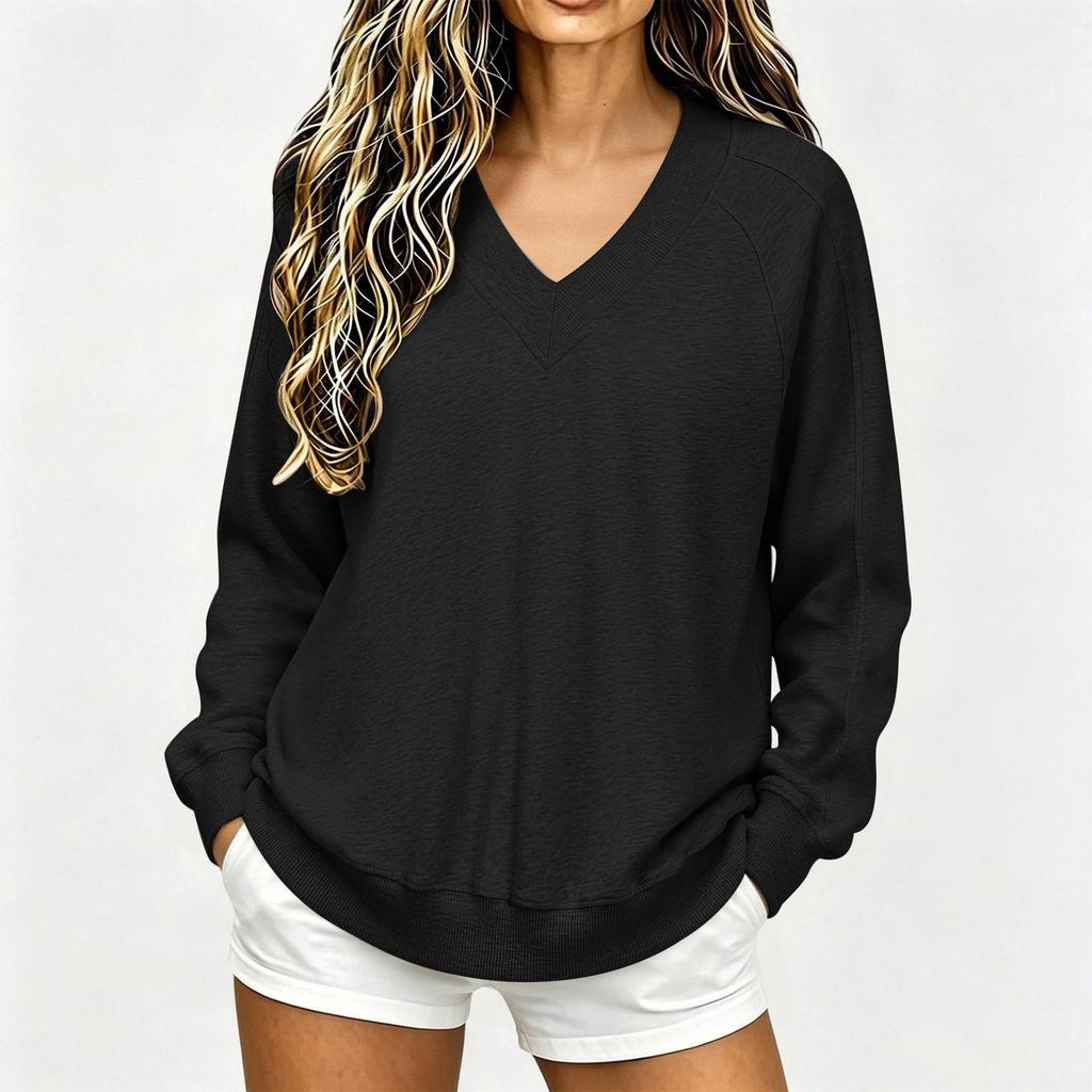 Women's Casual V-Neck Long Sleeve Sweatshirt Top for Everyday Wear
