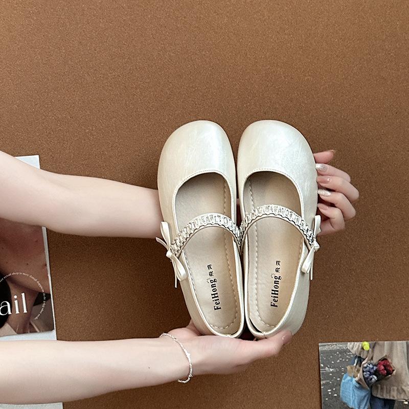 

French fairy style square head rhinestone bow word with shallow mouth single shoes women 2025 summer exquisite Mary Jane shoes 40 бежевый