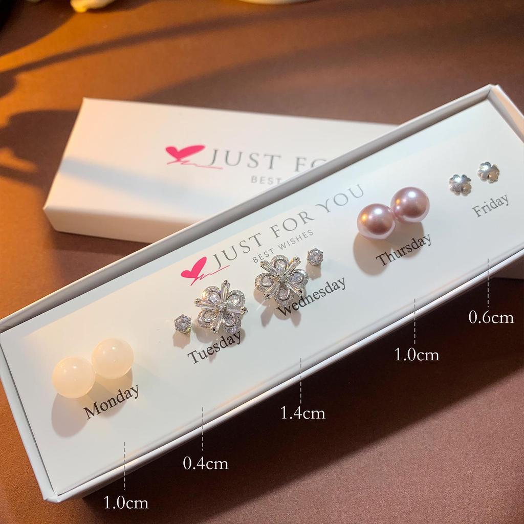 Weekly Earring Set: Flower Zircon Studs, Simple Ear Cuffs, Pearl Tassel French Earrings - 5 Pairs