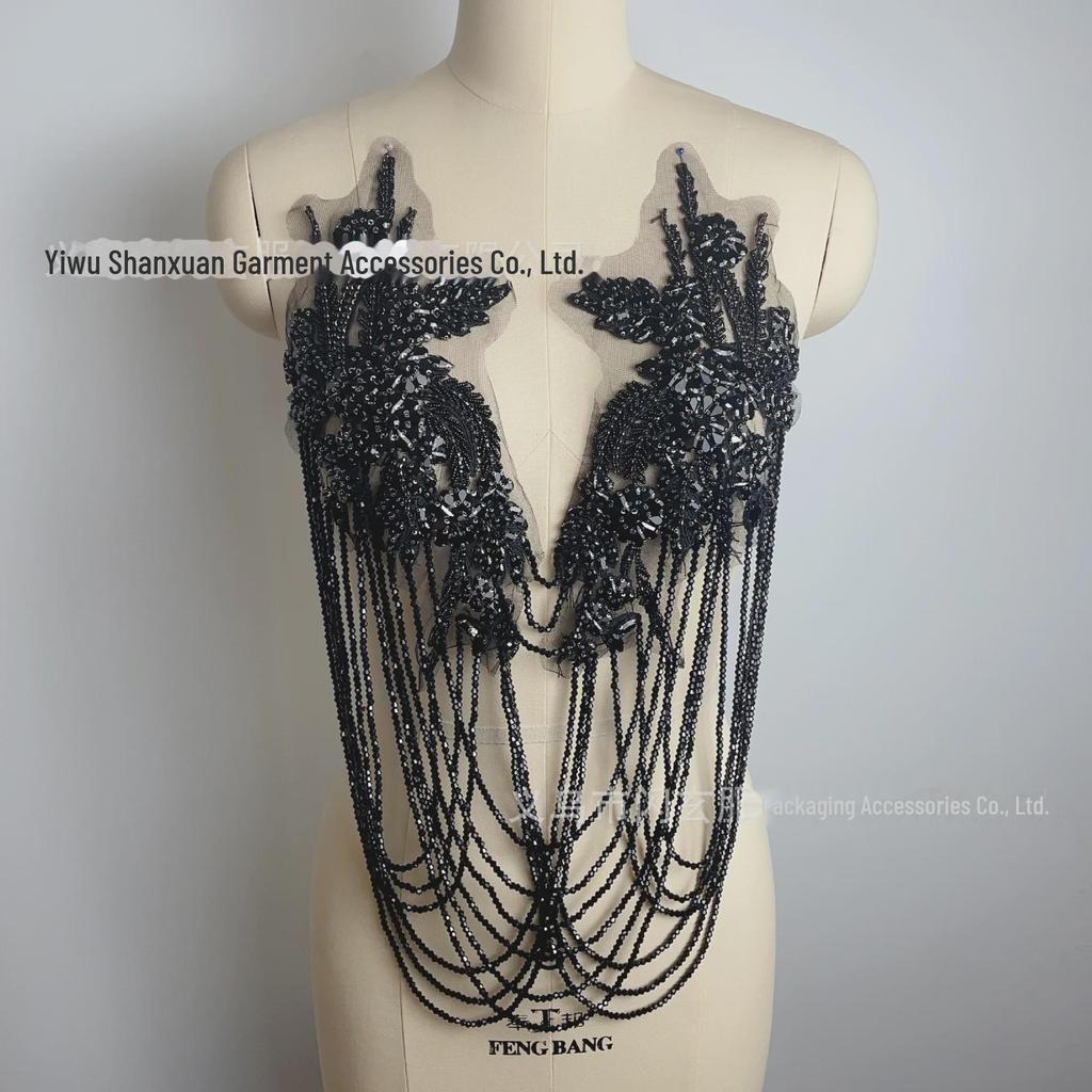 Handmade Beaded Tassel Wedding Dress Shoulder Ornaments with Crystal Diamond Lace Applique