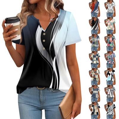 Women's Short Sleeve Tops Summer V-Neck T Shirts Casual Pleated Blouse Loose Print Basic Tee
