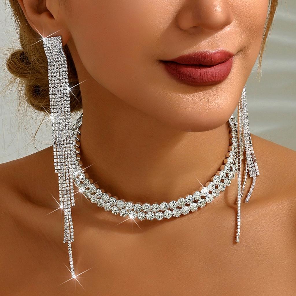 3PC Women's Fashion Copper Claw Chain Series Long Tassel Necklace Earrings Zircon Set Wedding Banquet Party Holiday Gift