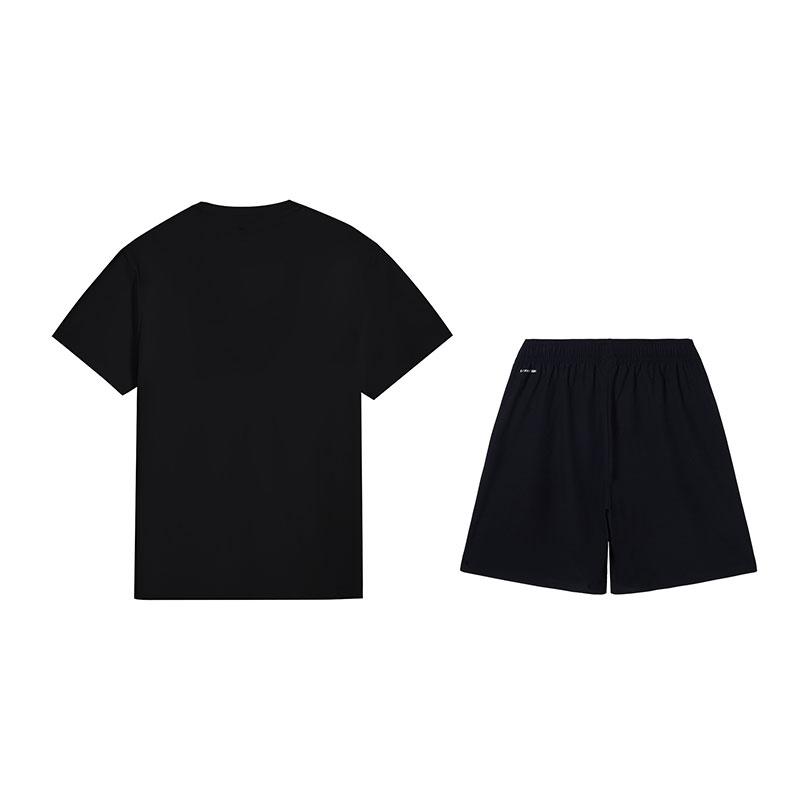Li Ning Versatile Short Sleeve Comfortable Shorts Casual Sports Suit Men suit Black W879-1+W685-1