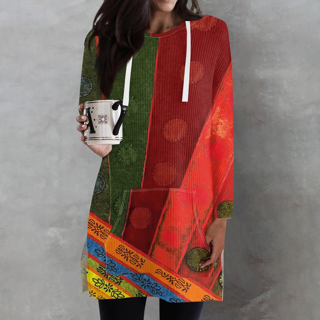 Dámské volné košile s potiskem, dlouhý rukáv mikiny se stahovací šňůrkou, úplet postranní rozparek Tunika s kapucí, s kapsou