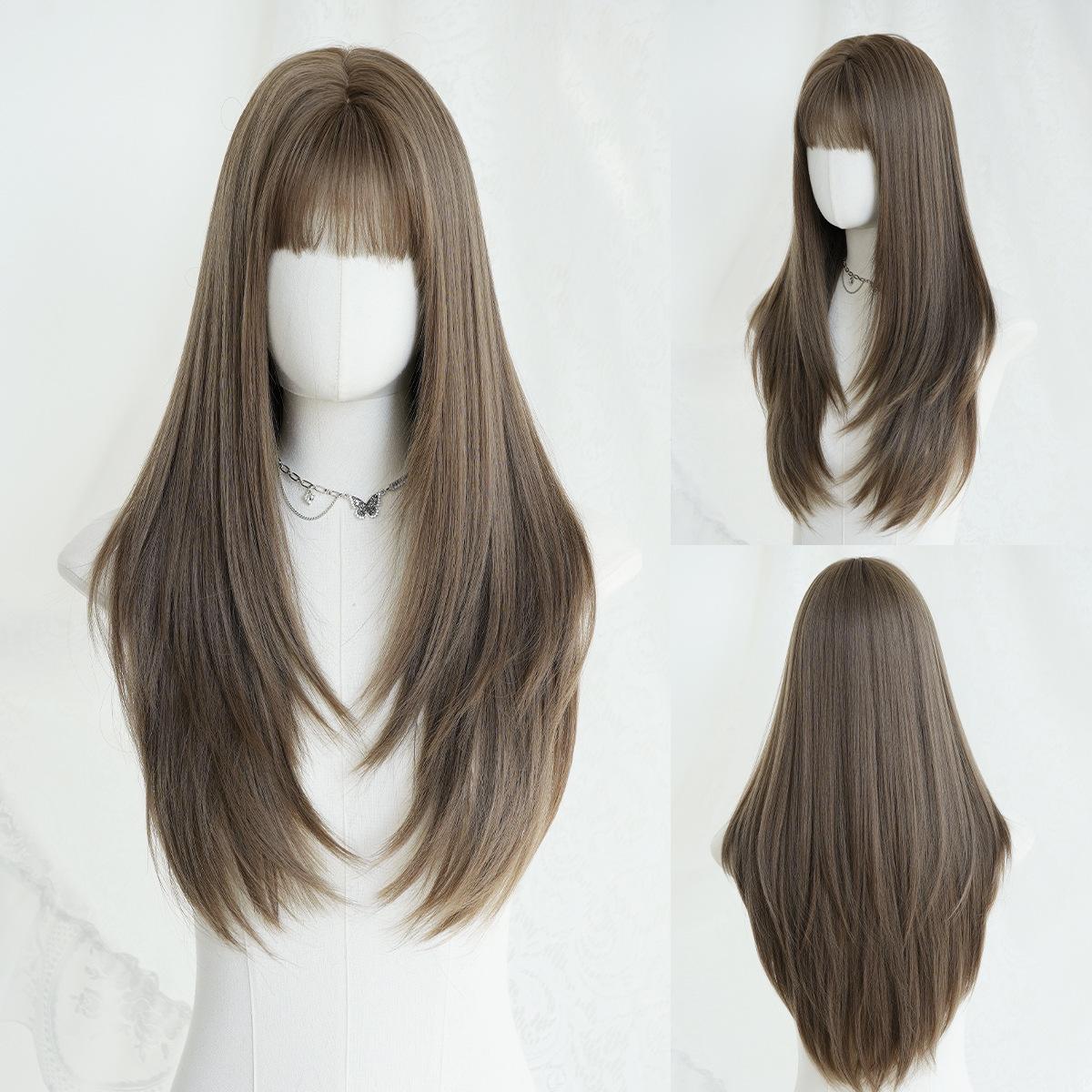 

Чайный коричневый парик с прямым зачесом внутрь для женщин - Слоистая полная челка, полная шапочка, Ежедневная быстрая красота, Высококачественный парик 70cm бистр коричневый