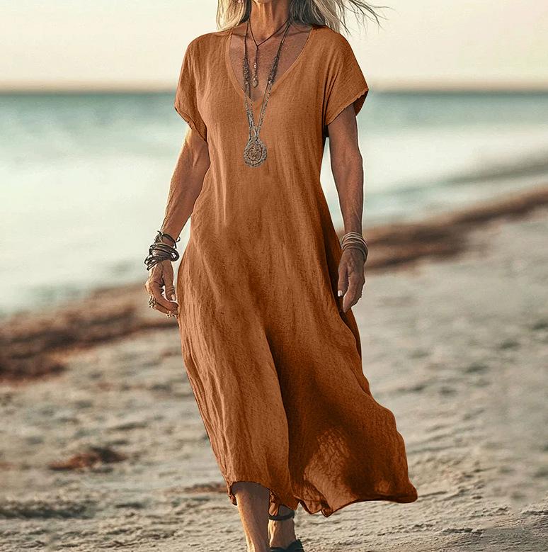 V-Neck Loose Solid Color Cotton Linen Women's Dress