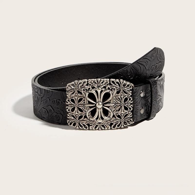 

Vintage White Stone Buckle Belt Engraved Flower Belt Embossed Leather Belt Boho Western Belt Jeans Belt