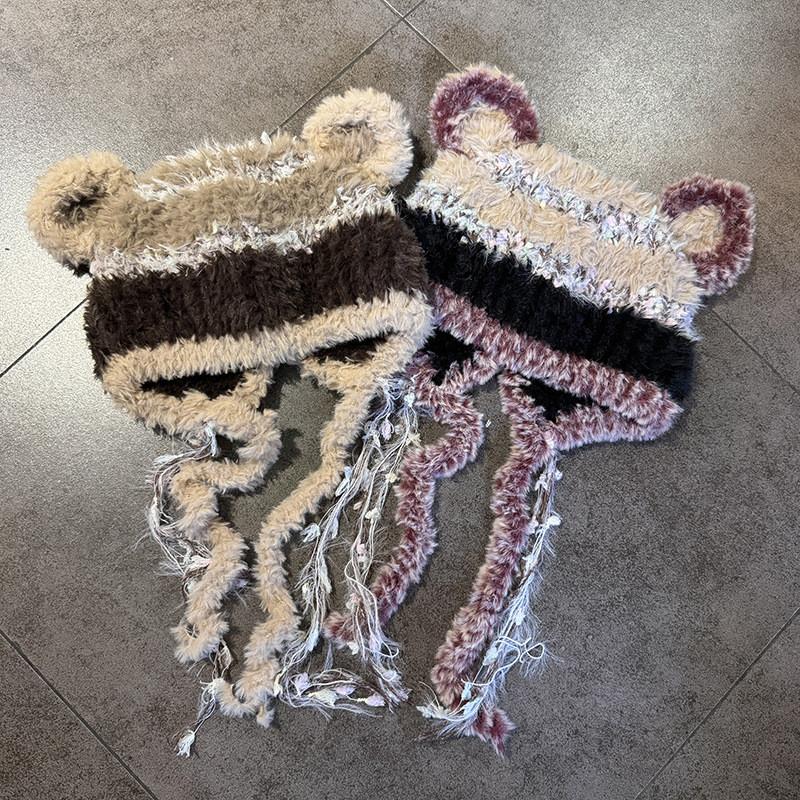 Bear Ears Tassels Knitted Cap For Women Winter Soft Warm Breathable Fashion Hat