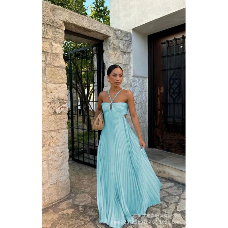 2025 Solid Color Ruched Strapless Sleeveless Maxi Dress Women Elegant Office Wear Loose Fit High Waist