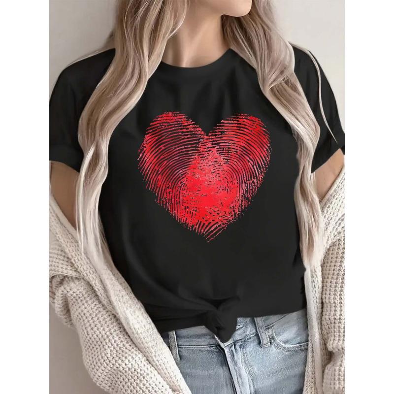 

European size Cute Valentine S Day Heart Fingerprint Print T-Shirt for Women, Soft Crew Neck Casual Top 4XL чорний