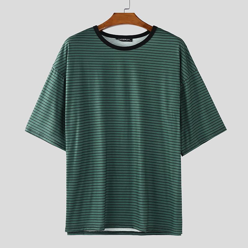 INCERUN Oversized Men O Neck Short Sleeve Striped Casual T-shirts