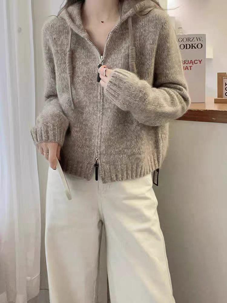 Women's Pure Wool Double-Zip Knit Hoodie - Soft, Fluffy, Loose Fit Cardigan for Autumn/Winter.