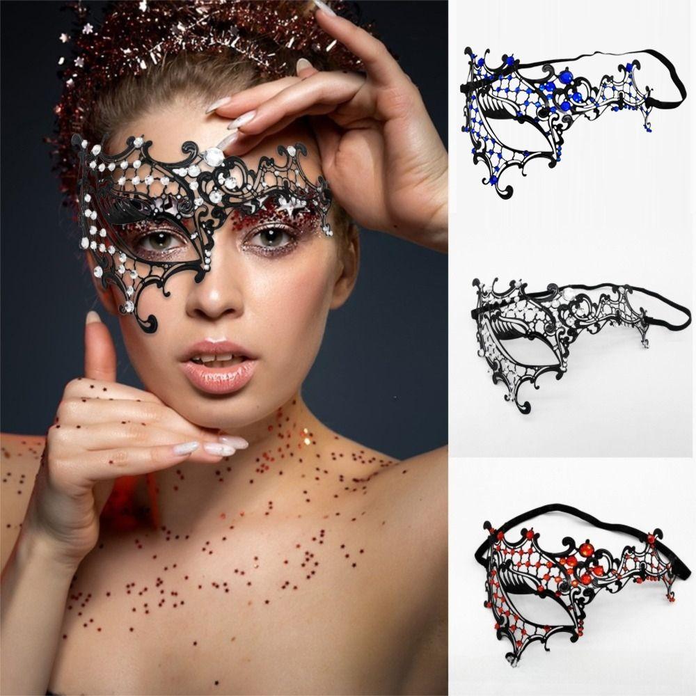New Vintage Half Face Mask Hollowed-out Elastic Bands Masquerade Party Mask Lace Metal Diamond Inlaid Princess Mask