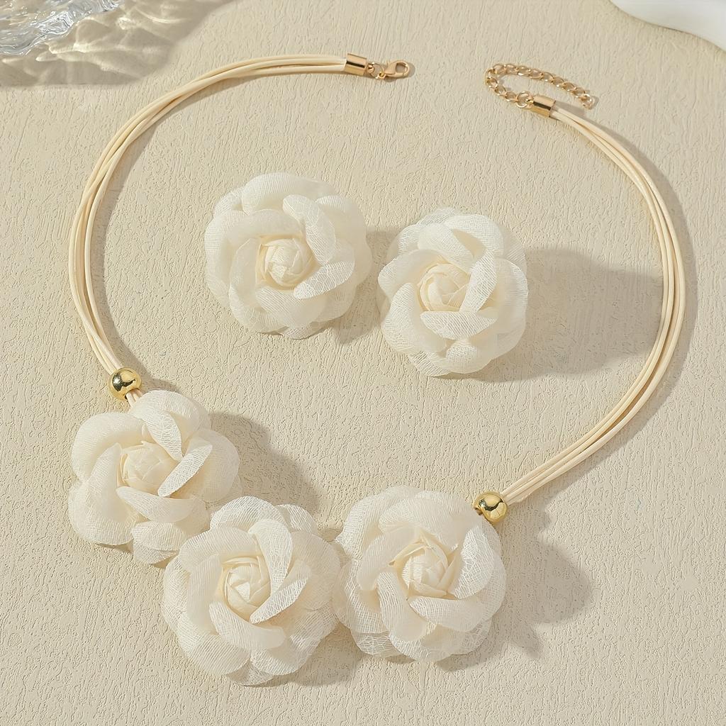 Ensemble de 3 pièces Mode Rétro Denim Rose Collier Ensemble, Boucles d'Oreilles Fleur Trois Dimensions Multi-couches