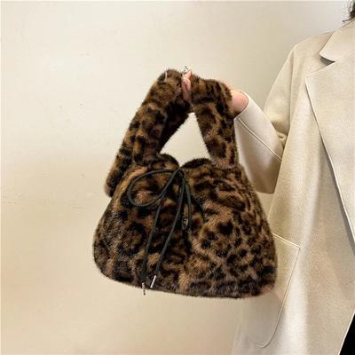 Bolsa retrô coreana de couro com estampa de leopardo para mulheres, bolsa de ombro versátil tipo balde com cordão, ombro único