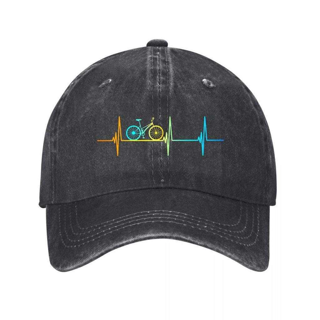 Rainbow Bicycle Heartbeat Line Cycling Graphic Design Washed Baseball Cap Outdoor For Womens Unisex FeUnisex