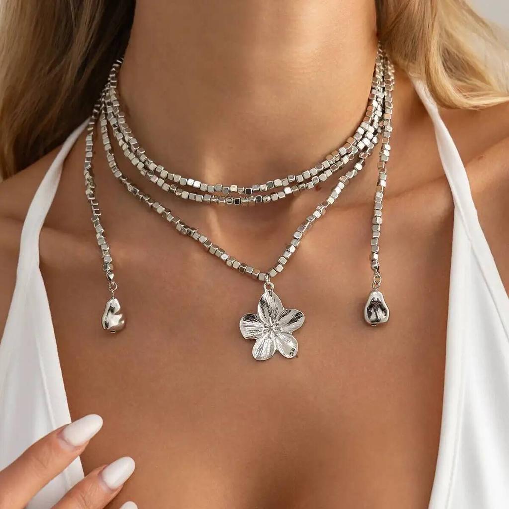 IngeSight.Z Retro Multilayer Gold Color Flower Sun Pendant Necklace Women Creative Versatile CCB Acrylic Beads Long Chain Choker